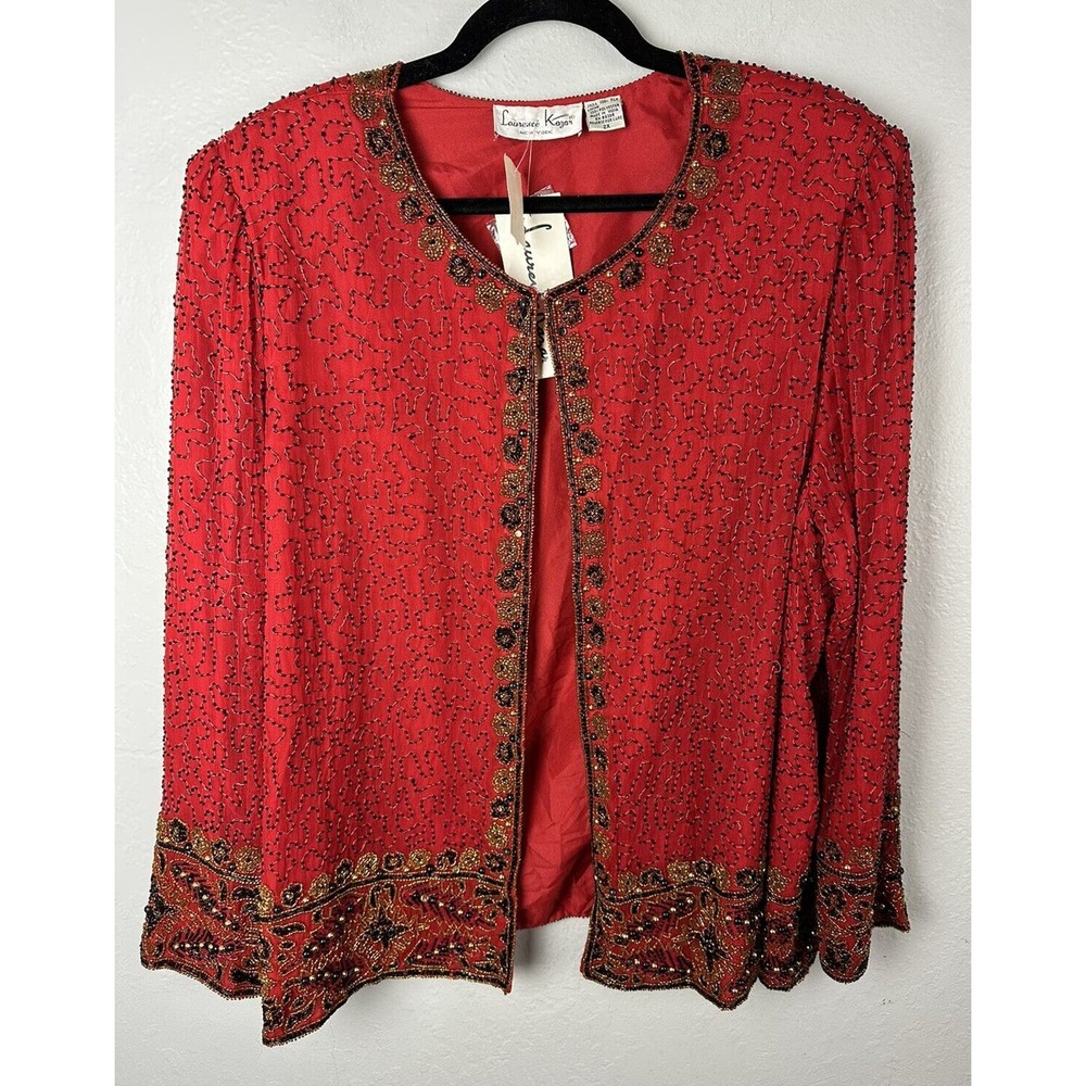 NWT Lawrence Kazar NY 100% Silk Red Gold Black Beads Jacket Vintage PLUS SIZE 2X